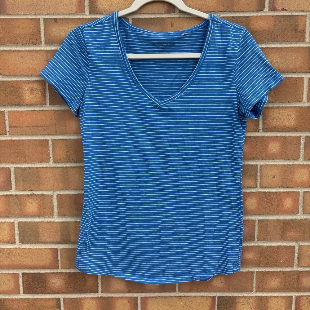 Toad And Co Womens Small Blue White Pinstripe V Neck SS T Shirt